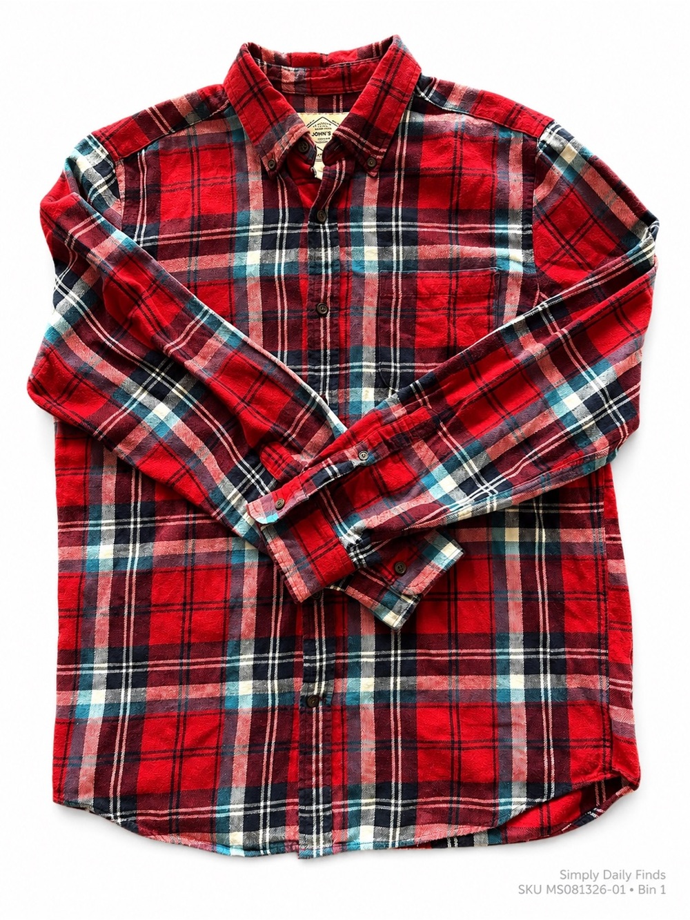 St John’s Bay Men’s M Red Plaid Flannel Shirt Super Soft 100% Cotton